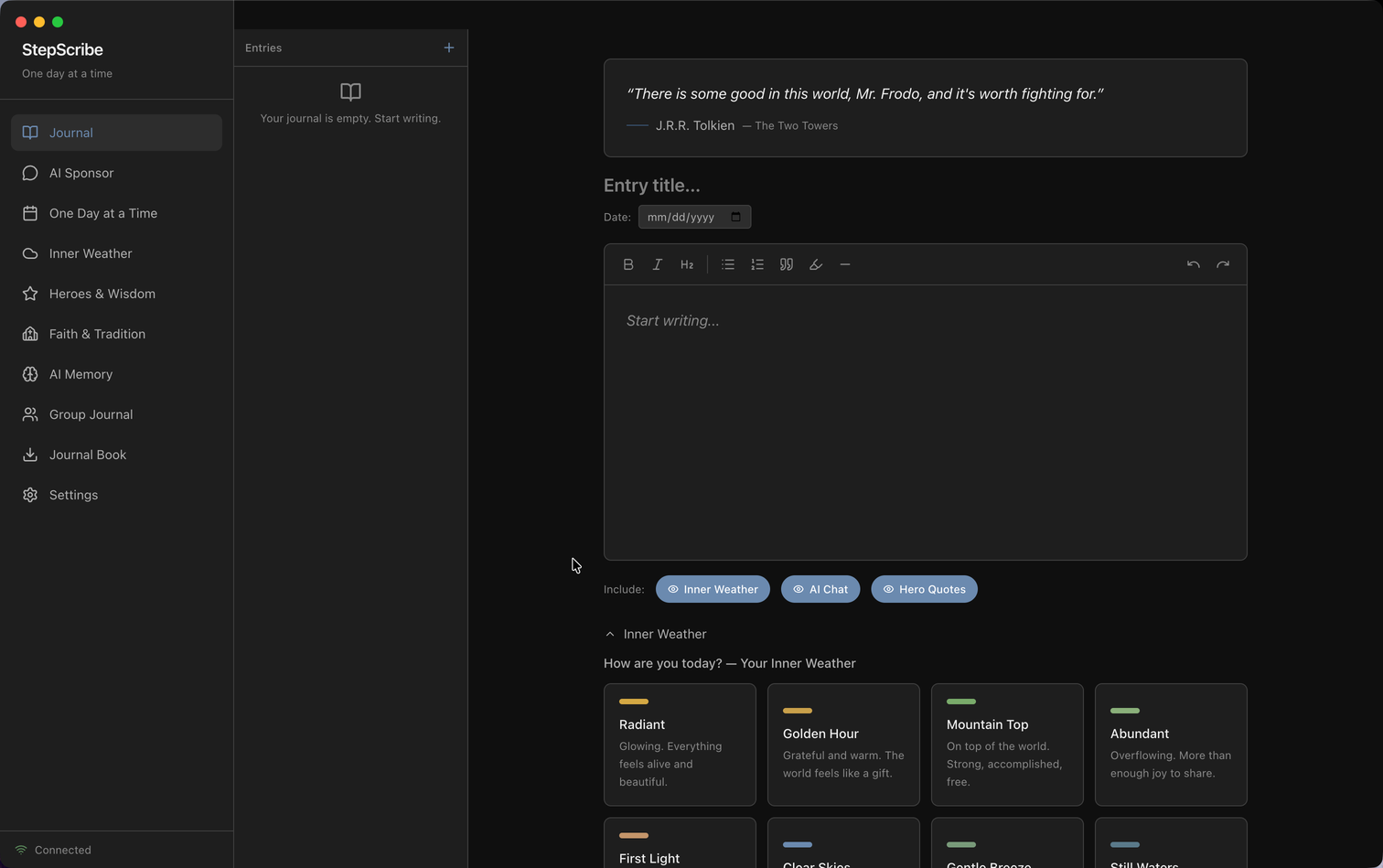 StepScribe journal editor with rich text formatting, Inner Weather mood tracking, and guided prompts